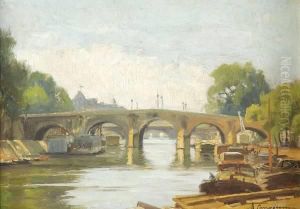 Bridge On The Seine, Paris, Signed Lower Right by Adolphe Faugeron