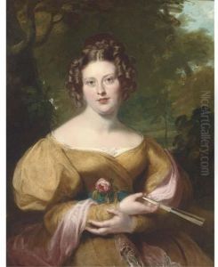 Portrait Of Mrs Peel, Half-length, Wearing A Gold Dress With A Pinkshawl, Holding A Rose And Fan, A Landscape Beyond