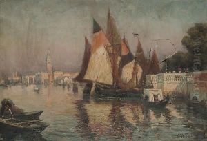 Boats On The Lagoon, Venice, The Doges Palace In The Distance