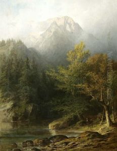 Romantische Gebirgsseelandschaft Mit Rotwild by Luitpold Faustner