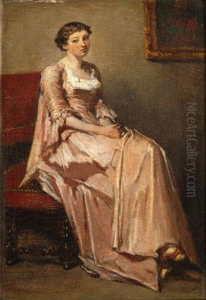 Nachdenkliche Junge Frau In Rosa Seidenkleid - view 1