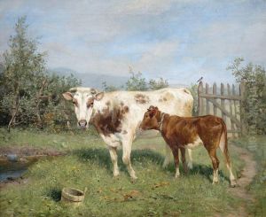 Kuh Und Kalbchen Auf Sommerlicher Weide by Ludwig Benno Fay