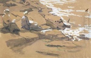 Study Of Ladies Sketching On A Rocky Cliff by Hilda Fearon