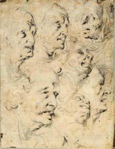 Sheet Of Studies Of Heads by Pieter Feddes