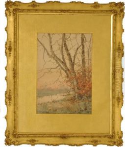 Autumnal Landscape With Birch Trees By A Steam In A Foreground And A Housein The Distance by Richard Henri Fehdmer