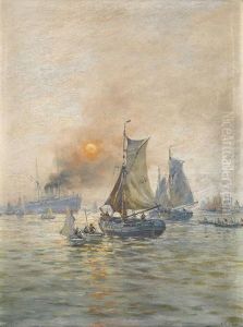 Schiffe Vor Hafen Bei Untergehender Sonne by Richard Henri Fehdmer