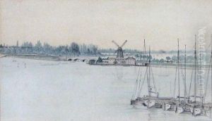 Scheldeufer Mit Segelbooten Und Windmuhle, Im Hintergrund Ansicht Von Antwerpen by Richard Henri Fehdmer