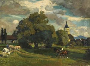 View On A Southern German Town With Church by Friedrich Fehr