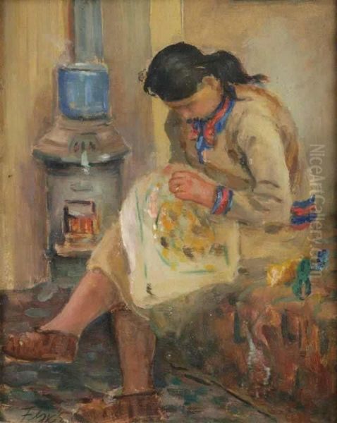 A Girl At Embroidery - view 1