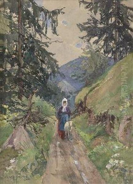 Schmaler Weg Mit Bauerin Und Lamm - view 1