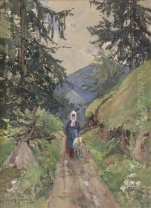 Schmaler Weg Mit Bauerin Und Lamm by Gustav Feith