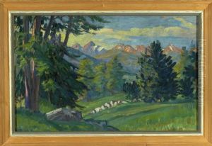 Tannenwald Mit Blick Auf Das Alpine Bergmassiv Im Abendrot by Carl Friedrich Felber