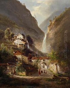 Der Muhlbach-wasserfall In Hallstatt by Ferdinand Feldhutter