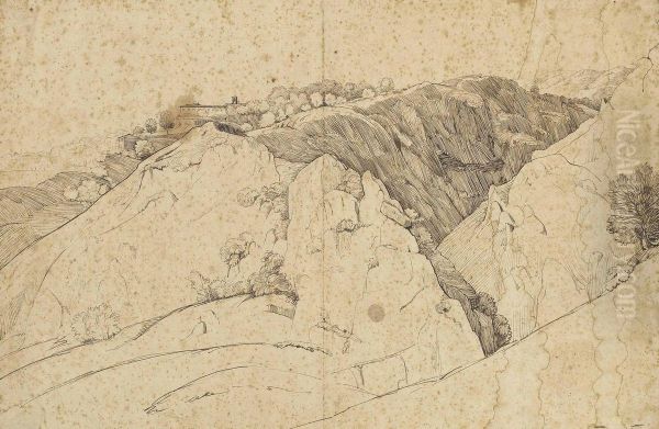 Quatre Dessins De Paysages, Dont Un Moulin Dans Un Paysage Montagneux - view 1