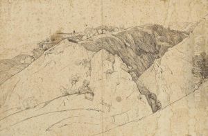 Quatre Dessins De Paysages, Dont Un Moulin Dans Un Paysage Montagneux by Theodore Caruelle d' Aligny