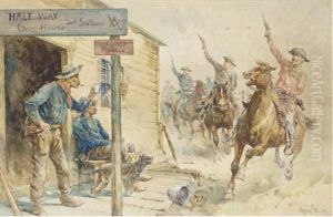 Cow-boys A Cheval Tirant Au Pistolet Devant Un Saloon by Feller, Frank