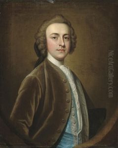 Portrait Of A Gentleman, Half-length, In A Brown Velvet Coat Andblue Silk Waistcoat With Silver Frogging