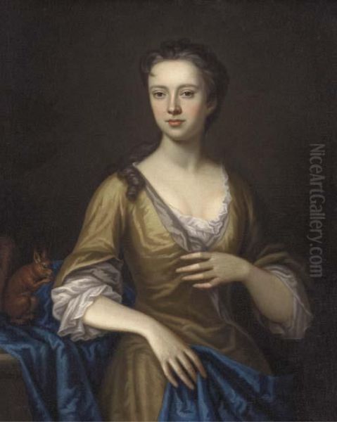 Portrait Of Margaret Aldersey, Three-quarter-length, In A Yellowdress And Blue Wrap, A Sqirrel By Her Side - view 1