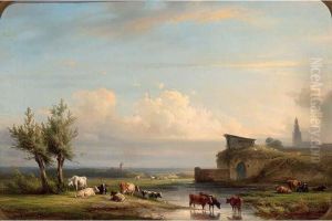 Cattle Watering In An Extensive River Landscape by Jan Jacob Fels