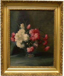 Still Life With Vase Of Pink And White Carnations by Frederick M. Fenety