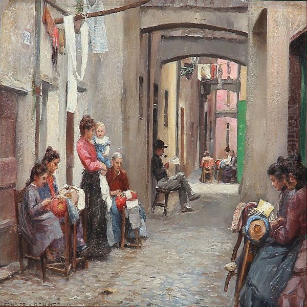 Street Scene With Lacemakers In Via Dell Oro, Rapallo In Italy - view 1