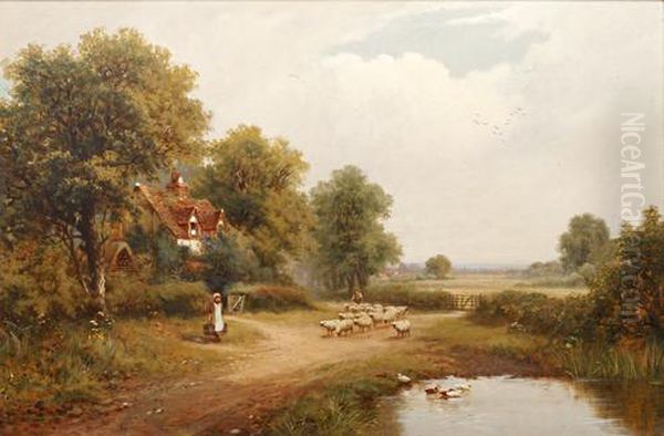 Sheep And Drover In A Country Lane Beside A Pond - view 1