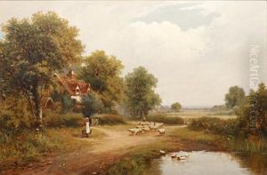 Sheep And Drover In A Country Lane Beside A Pond by Robert Robin Fenson