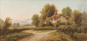 Ducks On A Country Track By A Cottage by Robert Robin Fenson