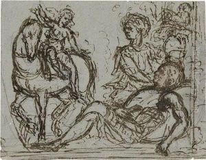 Frau Zu Pferd Neben Zwei Lagernd by Ferrau Fenzoni