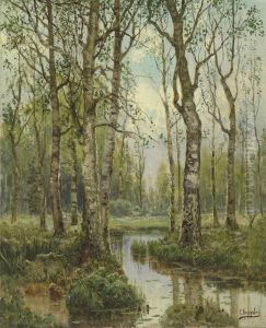 A Stream Running Through A Birch Wood by Semyon Feodorovich Feodorov