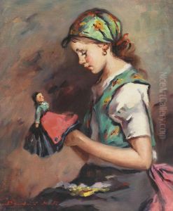 Young Girl With A Doll by Karoly Ferenczy