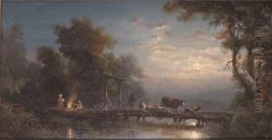 Troupeau Sur La Passerelle A La Tombee De La Nuit by Prosper Ferey