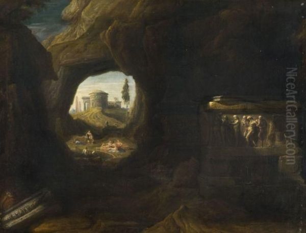 Nymphes Au Bain Vues D'une Grotte Abritant Un Sarcophage Antique - view 1