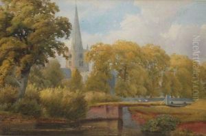 River Landscape With Figures In Rowing Boat By A Loch 
Church In Distance