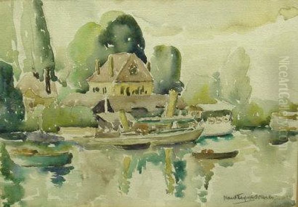 A River Landscape With Boats Moored Alongside A House - view 1
