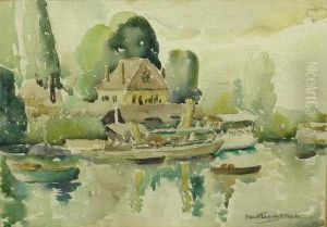 A River Landscape With Boats Moored Alongside A House by Nan S. Ferguson