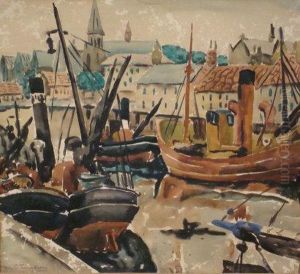 A Harbour Scene With Fishing Trawlers, A Quayside With Houses And A Church Beyond