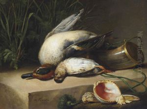 A Duck, Pigeon, Horn And Sea Shells On A Ledge by William Gowe Ferguson