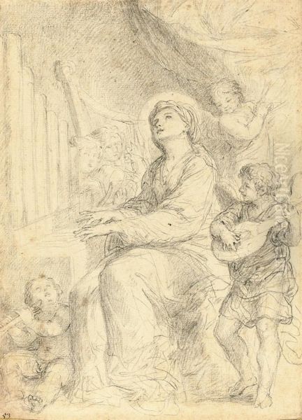 Saint Cecilia Playing The Organ Accompanied By Putti - view 1