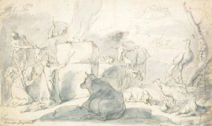 Noe In Ginocchio Davanti All'ara Sacrificale Con Intorno Vari Animali Noe In Ginocchio Davanti All'ara Sacrificale Con Intorno Vari Animali