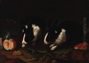 Rabbits, A Lizard, Pears, Peaches And A Red Admiral Butterfly Rabbits, A Lizard, Pears, Peaches And A Red Admiral Butterfly