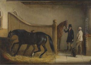 A Dark Bay And A Chestnut Hunter With A Huntsman And Other Figuresin A Stable