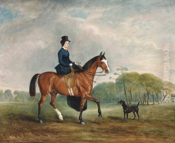 Miss Felicia Elizabeth Welby, Later Lady Lindsay, On A Bay Hunter, With Allington Hall Beyond - view 1