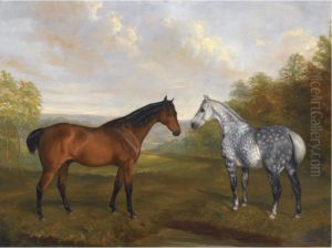A Chestnut Hunter And A Grey Hunter In A Landscape by John Jnr. Ferneley