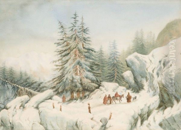 Voyageurs Dans Un Paysage De Montagnes Enneigees - view 1