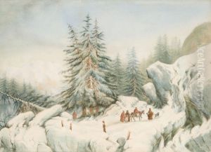 Voyageurs Dans Un Paysage De Montagnes Enneigees by Francois Fortune A. Ferogio