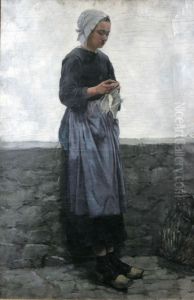 Stickande Kvinna Vid Mur by William Feron