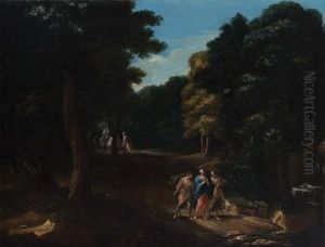 Paesaggio Con L"" Incontro Sulla Via Di Emmaus, E La Fuga In Egitto Sullo Sfondo by Nunzio Ferrajoli