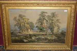 Extensive Wooded Landscape With Cattle And Figures Beside A Cottage by James Ferrier