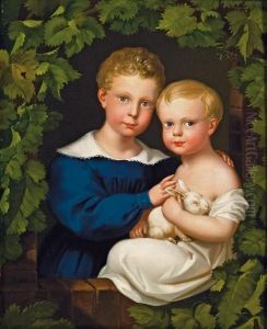 Portrat Zweier Knaben Mit Kaninchen by Leopold Fertbauer